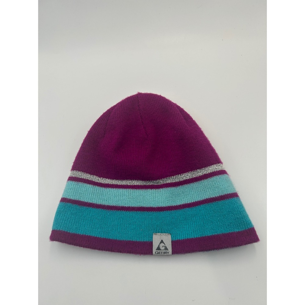 Gerry Beanie Purple Teal Blue Striped Knit Hat Silver Metallic Accent B981
